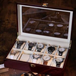 Cherry Watch Display Box, 10 Compartment Glass Top